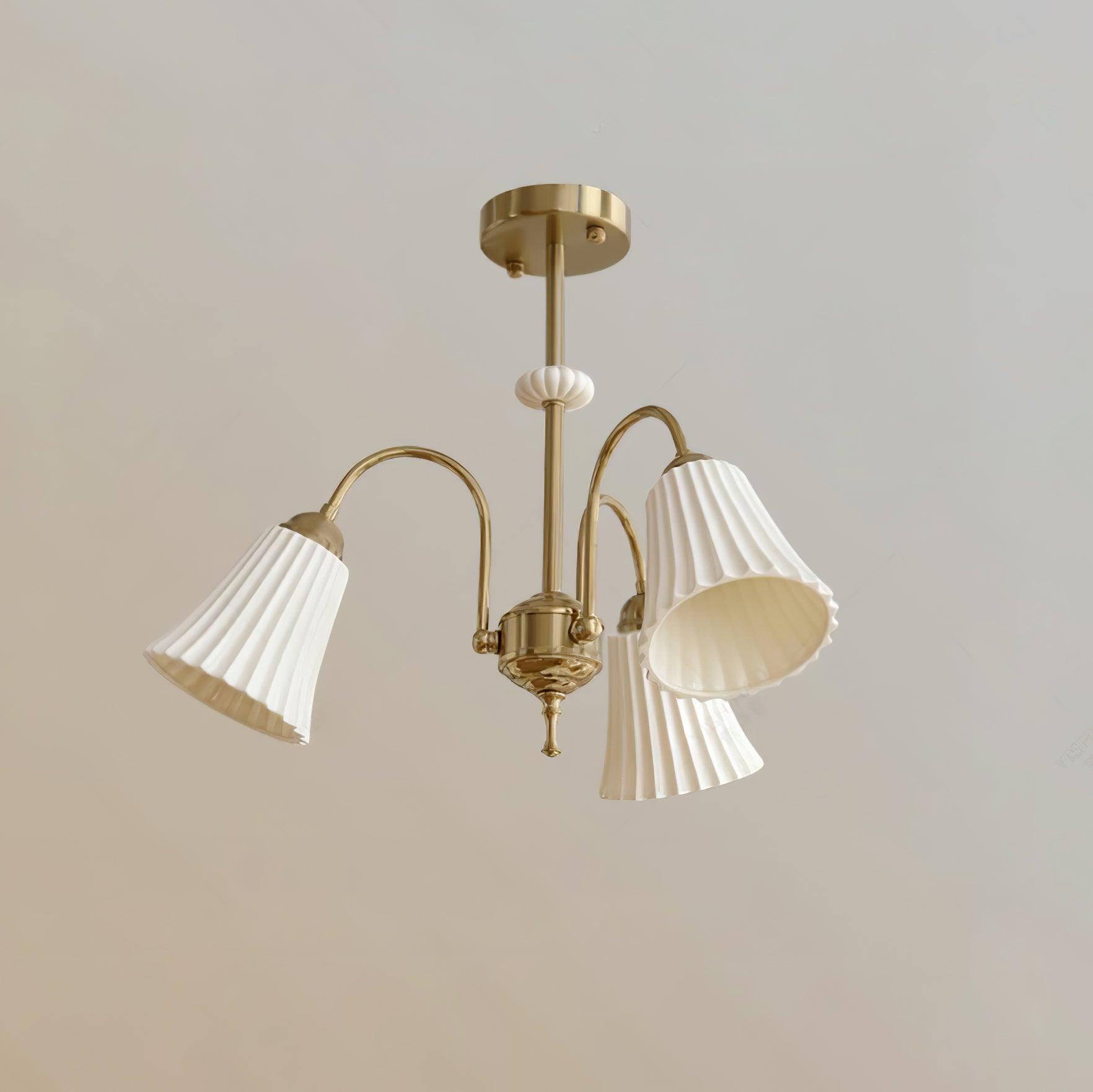 Vintage Medieval Style Ceramic Trumpet Chandelier with Gold Metal Arms and White Shades