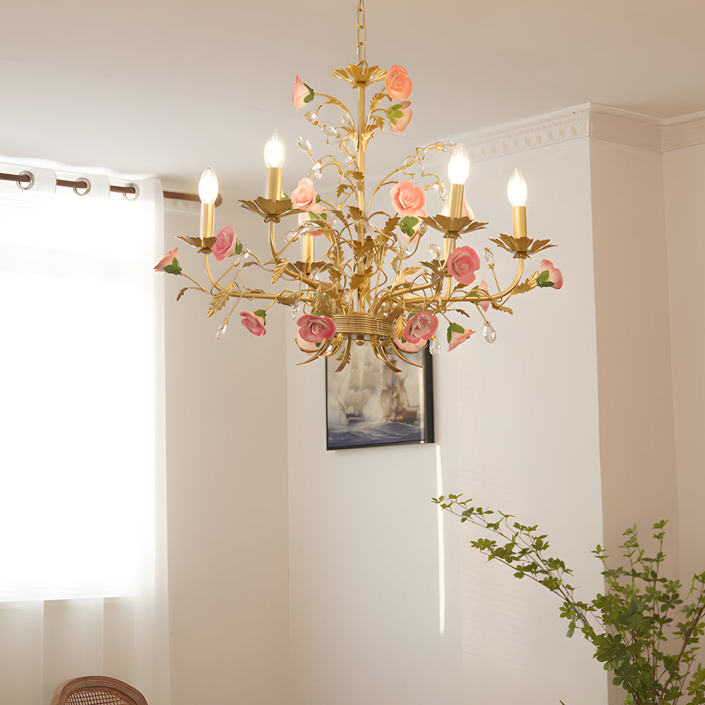Vintage Pink Ceramic Floral Chandelier French Pastoral Style Rose Candle Ceiling Lighting Fixture