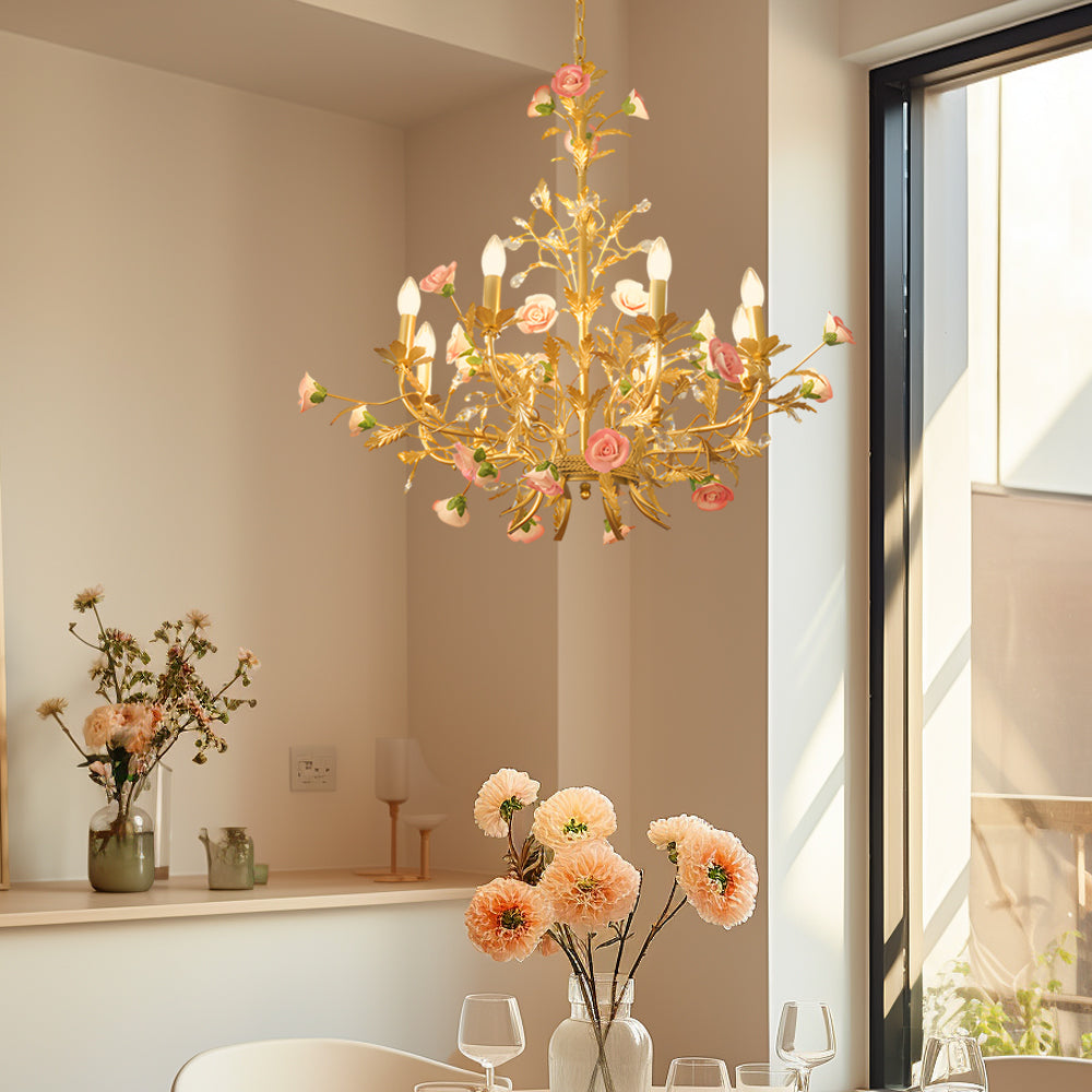 Vintage Pink Ceramic Floral Chandelier French Pastoral Style Rose Candle Ceiling Lighting Fixture