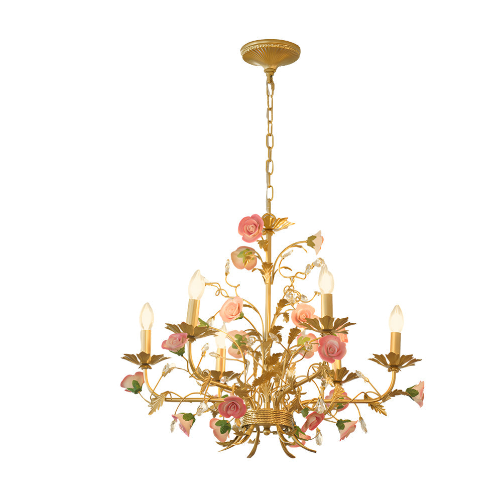 Vintage Pink Ceramic Floral Chandelier French Pastoral Style Rose Candle Ceiling Lighting Fixture