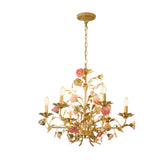 Vintage Pink Ceramic Floral Chandelier French Pastoral Style Rose Candle Ceiling Lighting Fixture