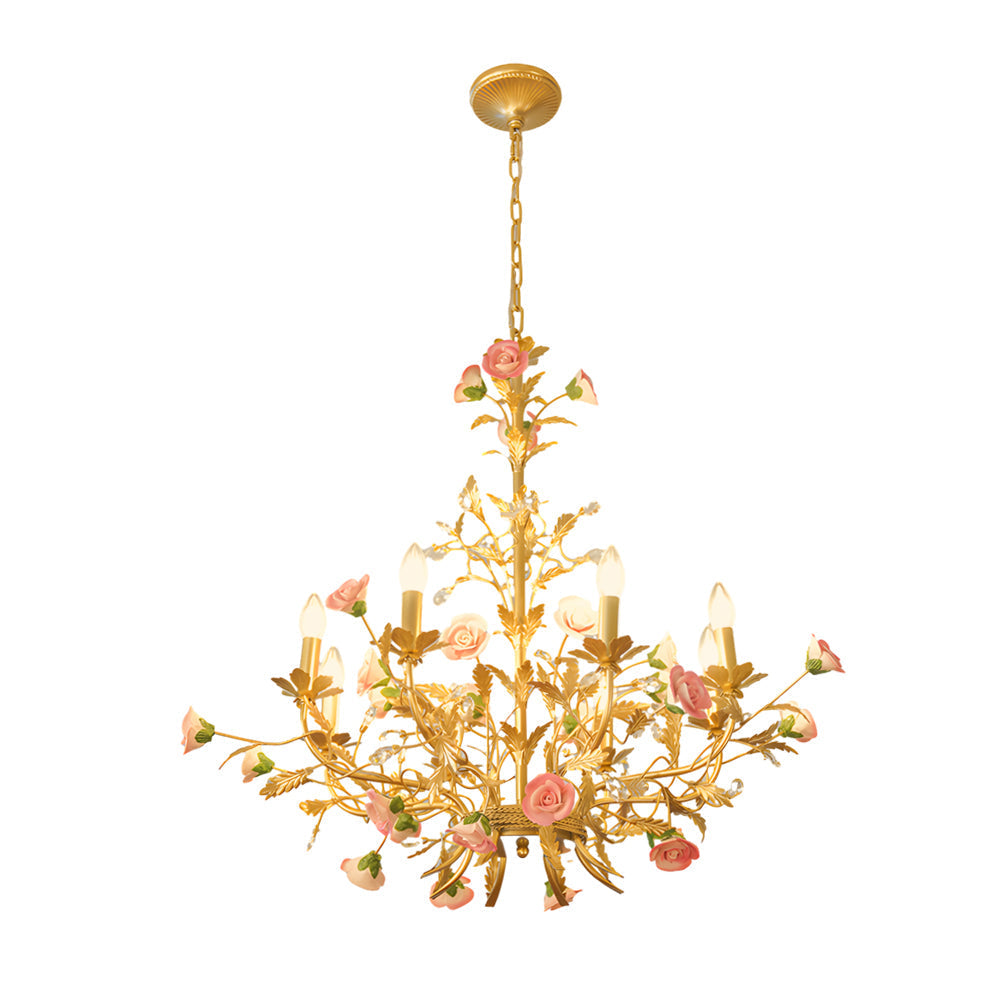 Vintage Pink Ceramic Floral Chandelier French Pastoral Style Rose Candle Ceiling Lighting Fixture