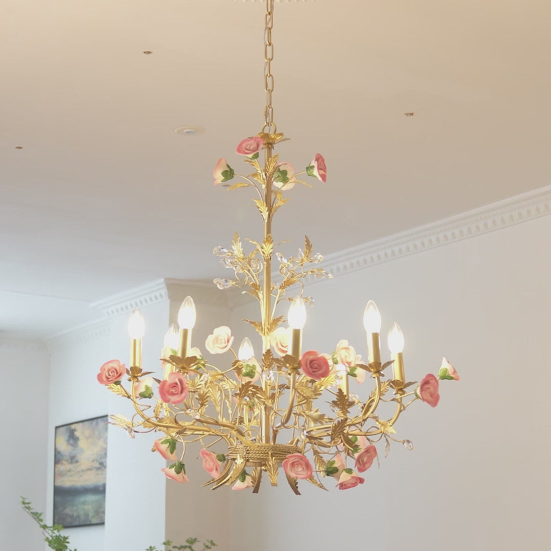 Vintage Pink Ceramic Floral Chandelier French Pastoral Style Rose Candle Ceiling Lighting Fixture