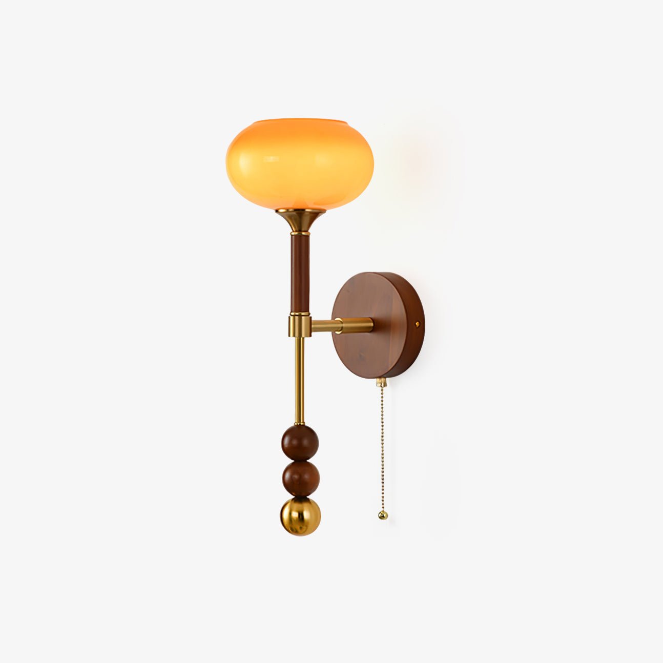 Vintage Roma Wood and Brass Wall Sconce with Glass Shade and Pull Chain Switch