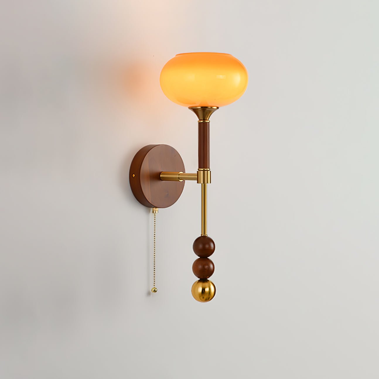 Vintage Roma Wood and Brass Wall Sconce with Glass Shade and Pull Chain Switch
