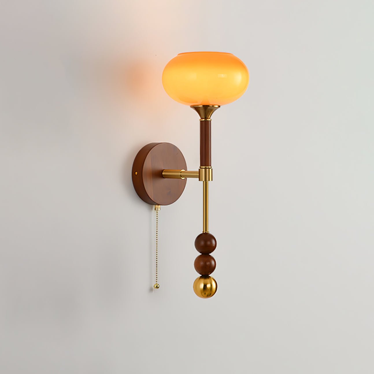 Vintage Roma Wood and Brass Wall Sconce with Glass Shade and Pull Chain Switch