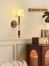 Vintage Roma Wood and Brass Wall Sconce with Glass Shade and Pull Chain Switch