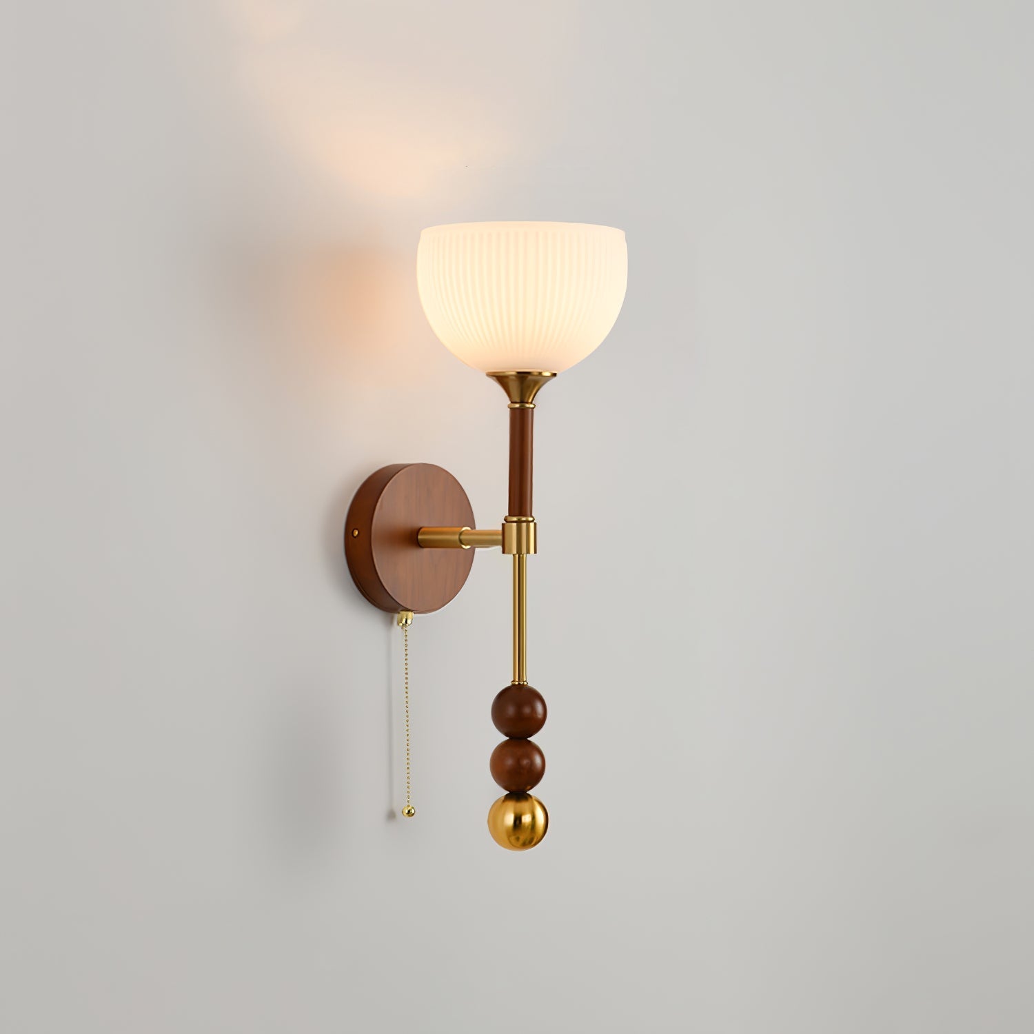Vintage Roma Wood and Brass Wall Sconce with Glass Shade and Pull Chain Switch