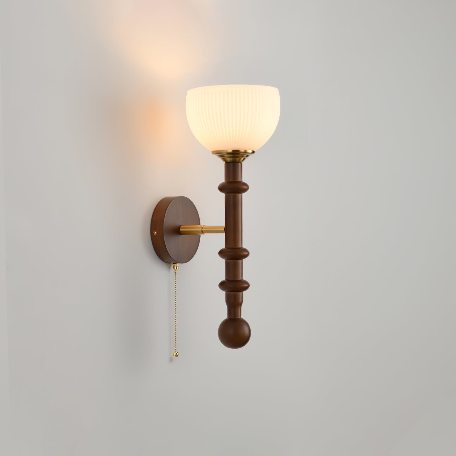 Vintage Roma Wood and Brass Wall Sconce with Glass Shade and Pull Chain Switch