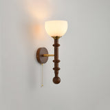 Vintage Roma Wood and Brass Wall Sconce with Glass Shade and Pull Chain Switch