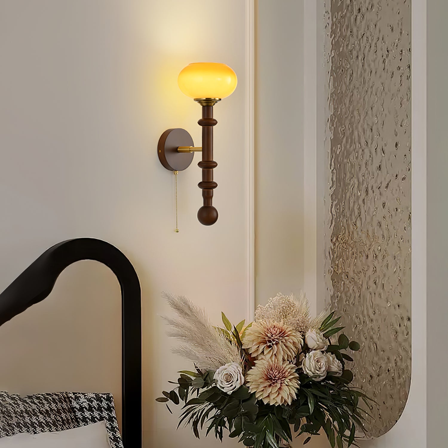Vintage Roma Wood and Brass Wall Sconce with Glass Shade and Pull Chain Switch