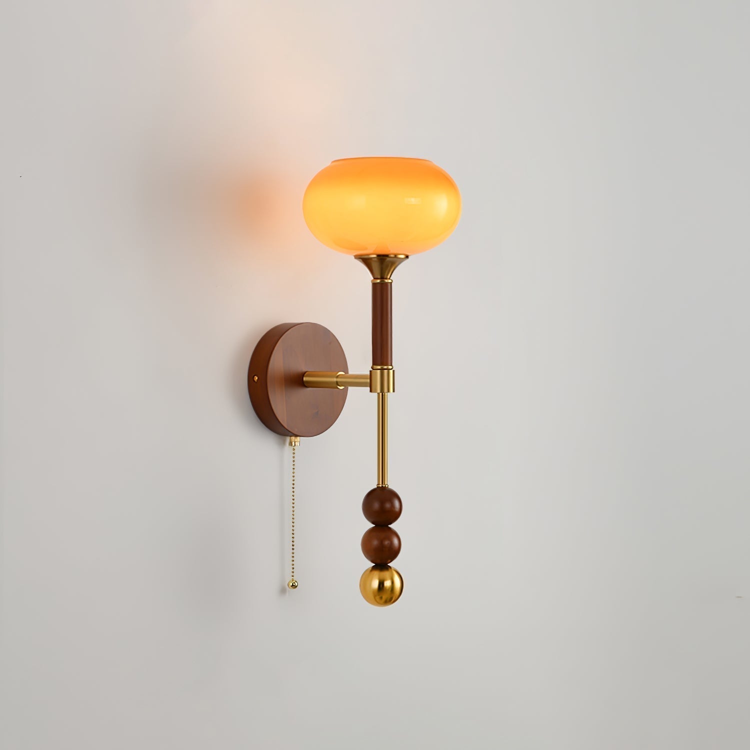 Vintage Roma Wood and Brass Wall Sconce with Glass Shade and Pull Chain Switch