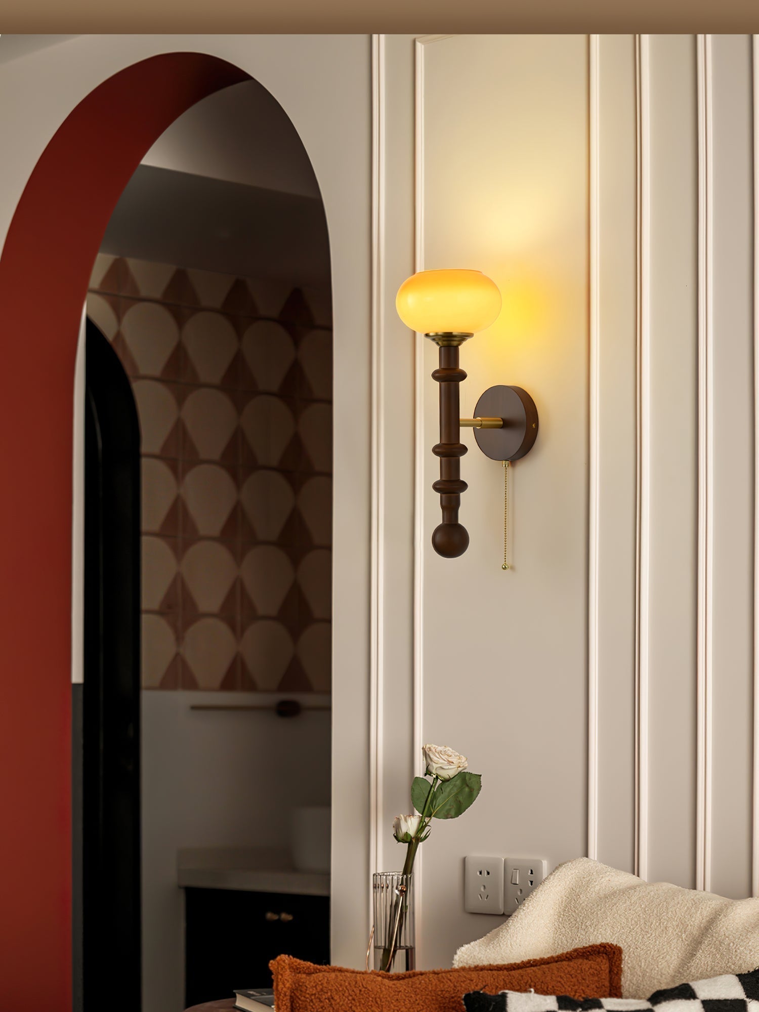 Vintage Roma Wood and Brass Wall Sconce with Glass Shade and Pull Chain Switch