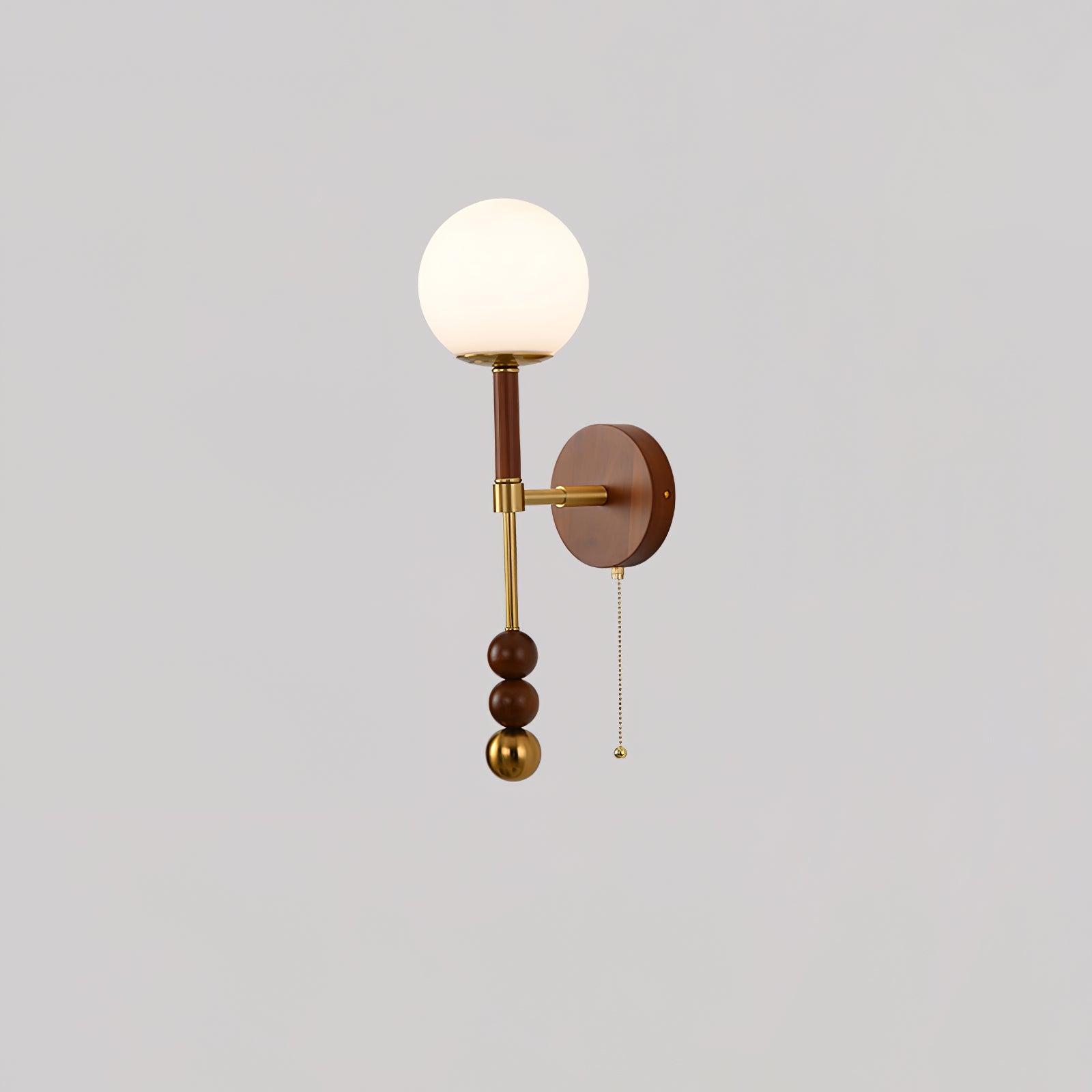 Vintage Roma Wood and Brass Wall Sconce with Glass Shade and Pull Chain Switch
