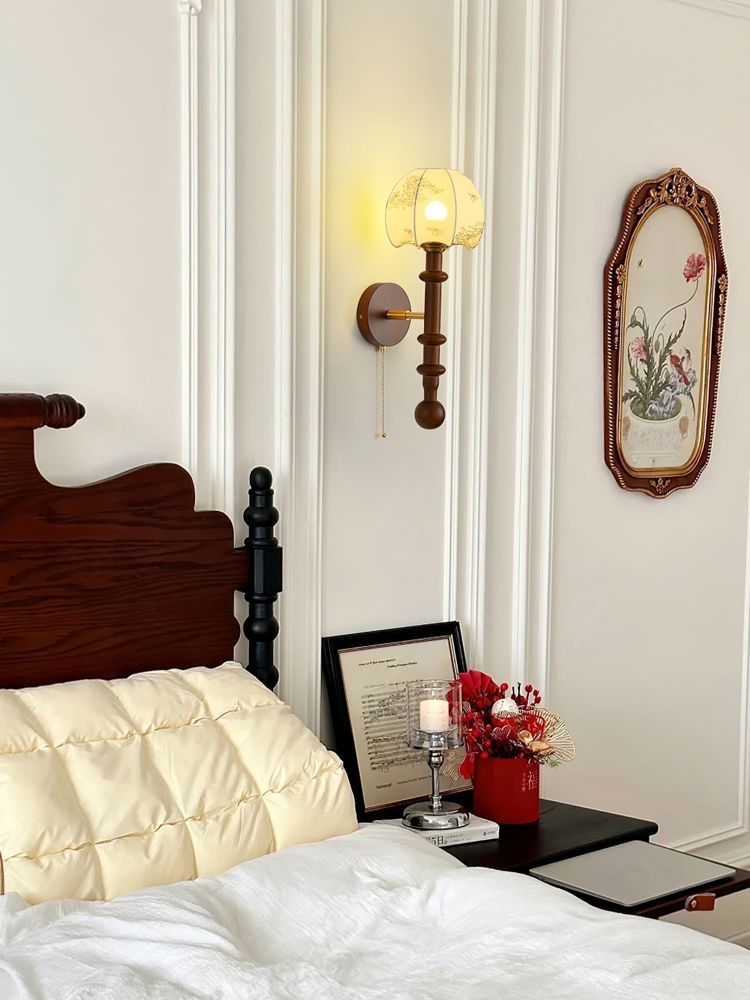 Vintage Roma Wood and Brass Wall Sconce with Glass Shade and Pull Chain Switch