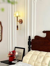 Vintage Roma Wood and Brass Wall Sconce with Glass Shade and Pull Chain Switch