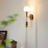 Vintage Roma Wood and Brass Wall Sconce with Glass Shade and Pull Chain Switch