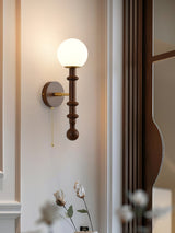 Vintage Roma Wood and Brass Wall Sconce with Glass Shade and Pull Chain Switch