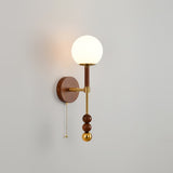 Vintage Roma Wood and Brass Wall Sconce with Glass Shade and Pull Chain Switch