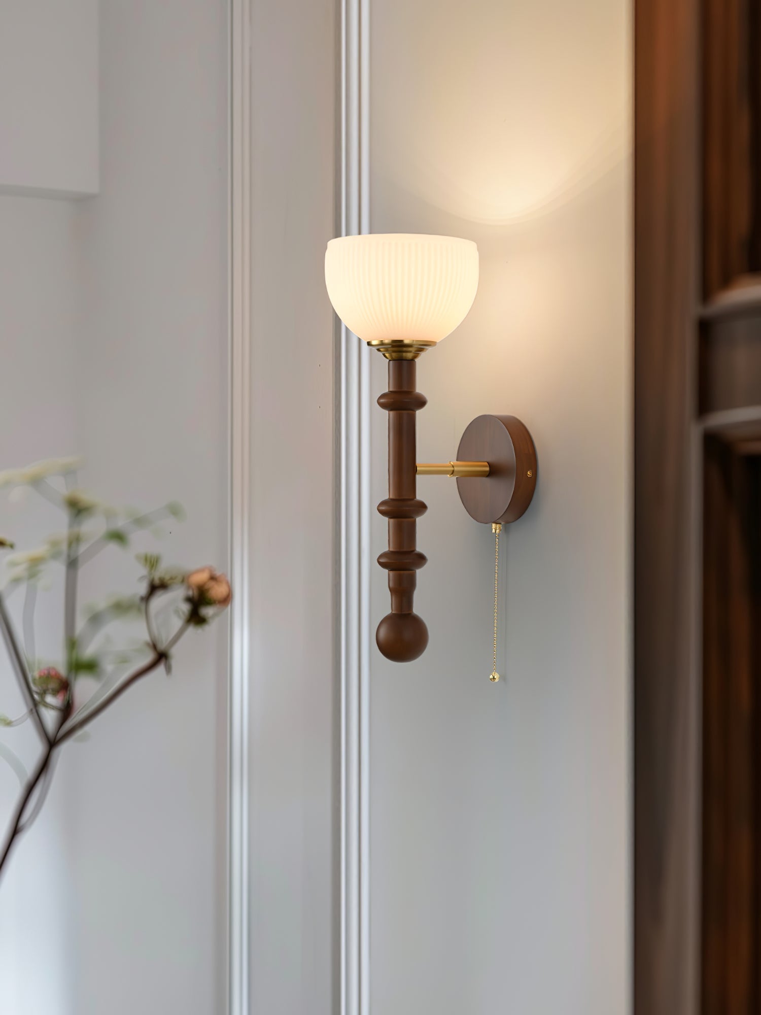 Vintage Roma Wood and Brass Wall Sconce with Glass Shade and Pull Chain Switch