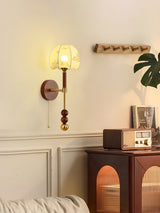 Vintage Roma Wood and Brass Wall Sconce with Glass Shade and Pull Chain Switch