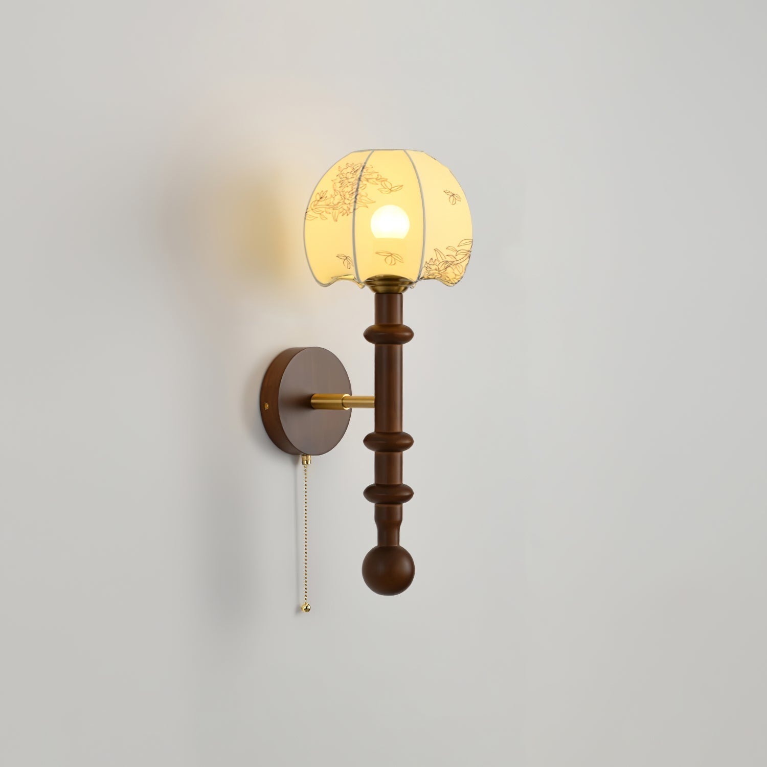 Vintage Roma Wood and Brass Wall Sconce with Glass Shade and Pull Chain Switch
