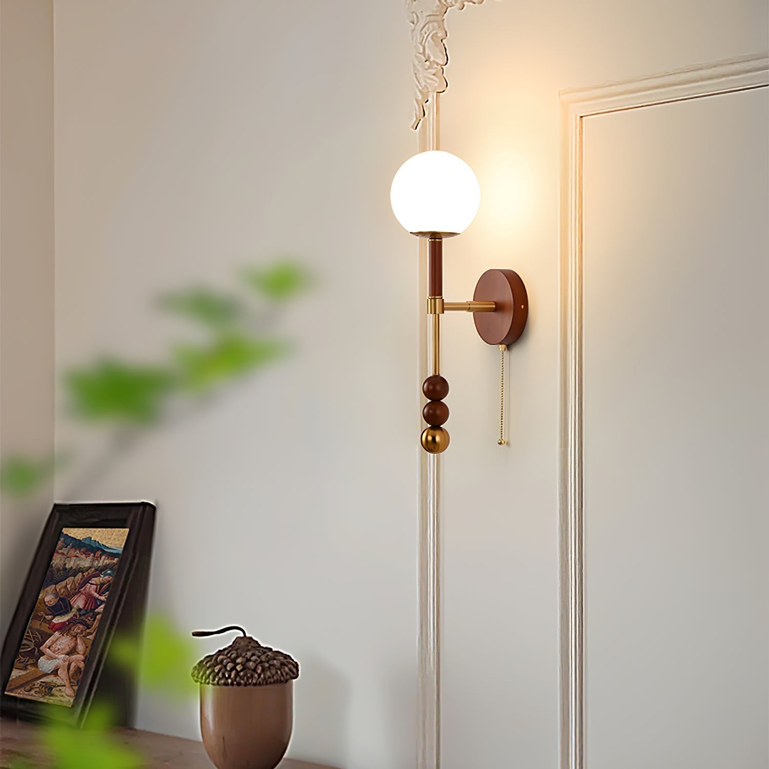 Vintage Roma Wood and Brass Wall Sconce with Glass Shade and Pull Chain Switch