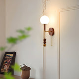 Vintage Roma Wood and Brass Wall Sconce with Glass Shade and Pull Chain Switch