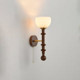 Vintage Roma Wood and Brass Wall Sconce with Glass Shade and Pull Chain Switch