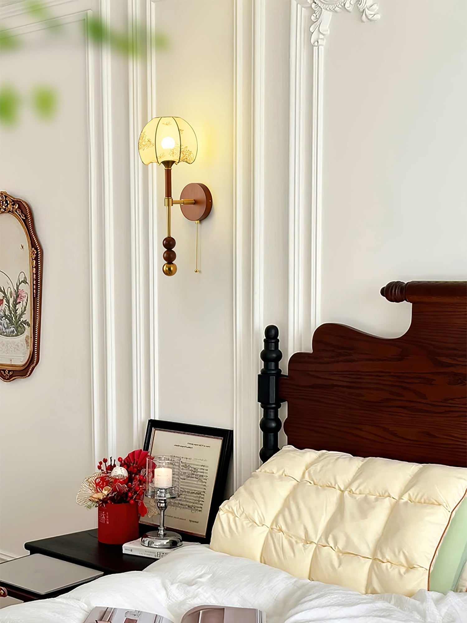 Vintage Roma Wood and Brass Wall Sconce with Glass Shade and Pull Chain Switch
