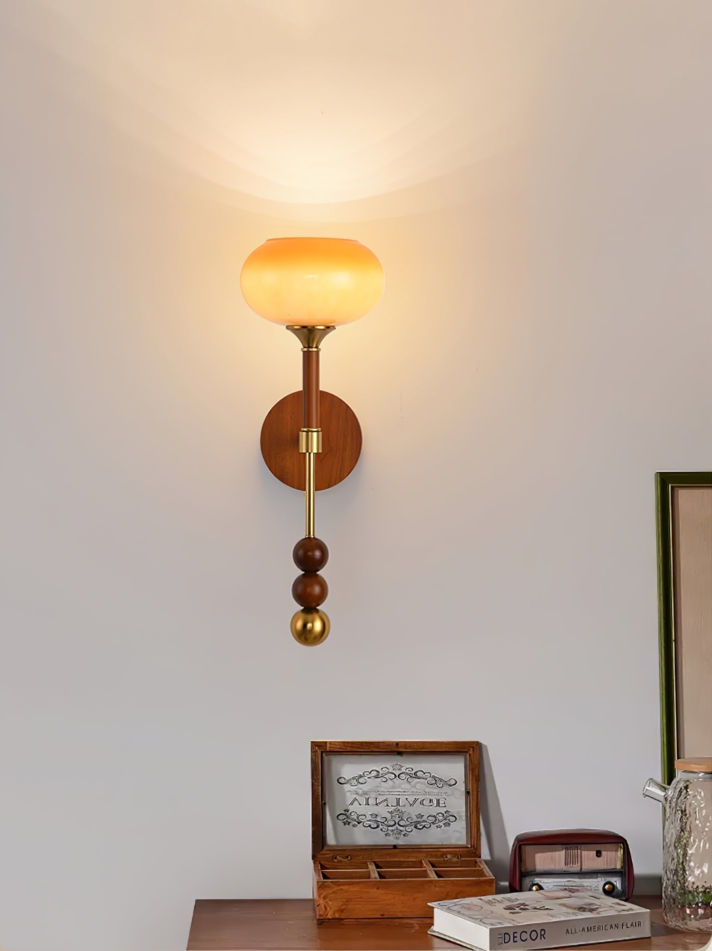 Vintage Roma Wood and Brass Wall Sconce with Glass Shade and Pull Chain Switch
