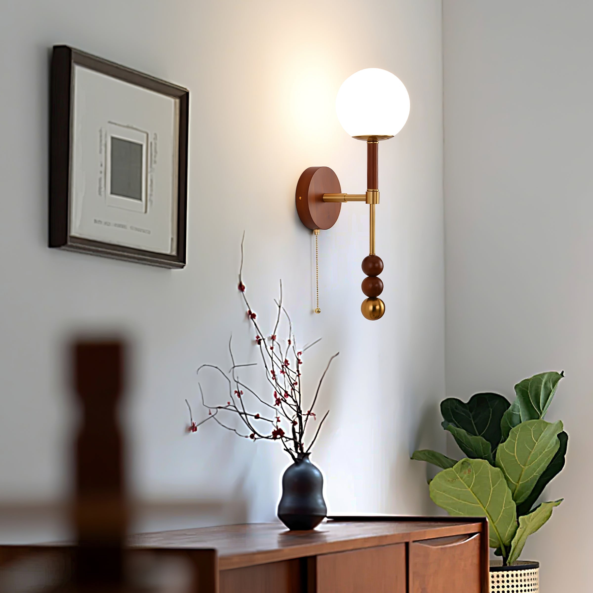 Vintage Roma Wood and Brass Wall Sconce with Glass Shade and Pull Chain Switch