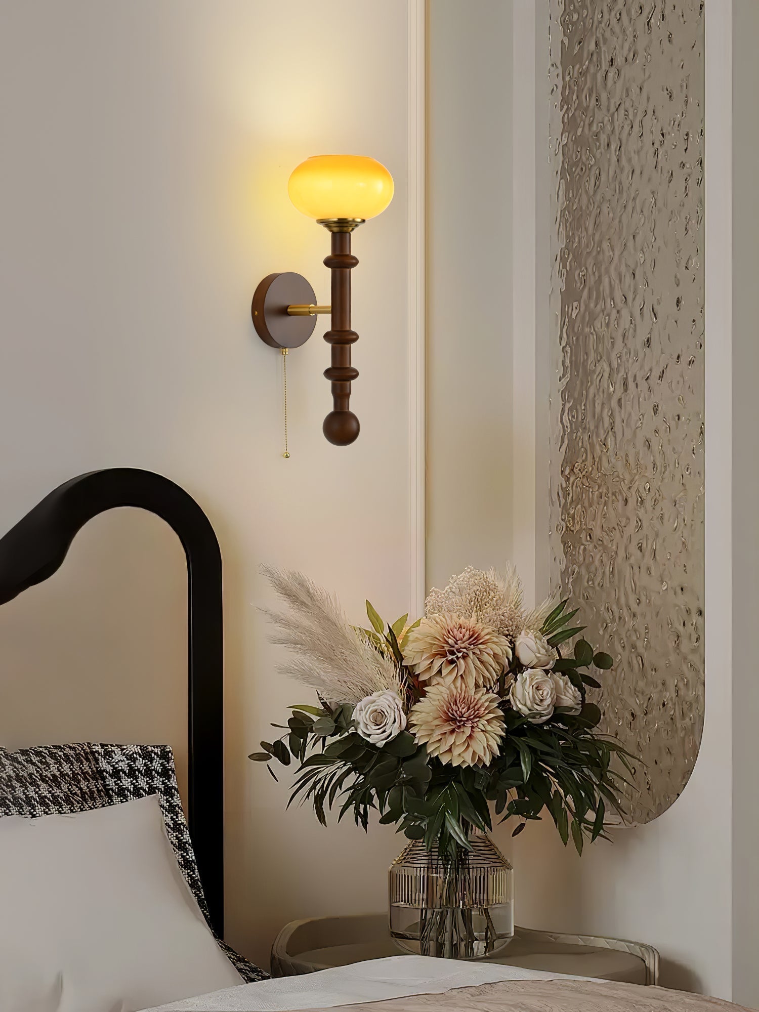 Vintage Roma Wood and Brass Wall Sconce with Glass Shade and Pull Chain Switch