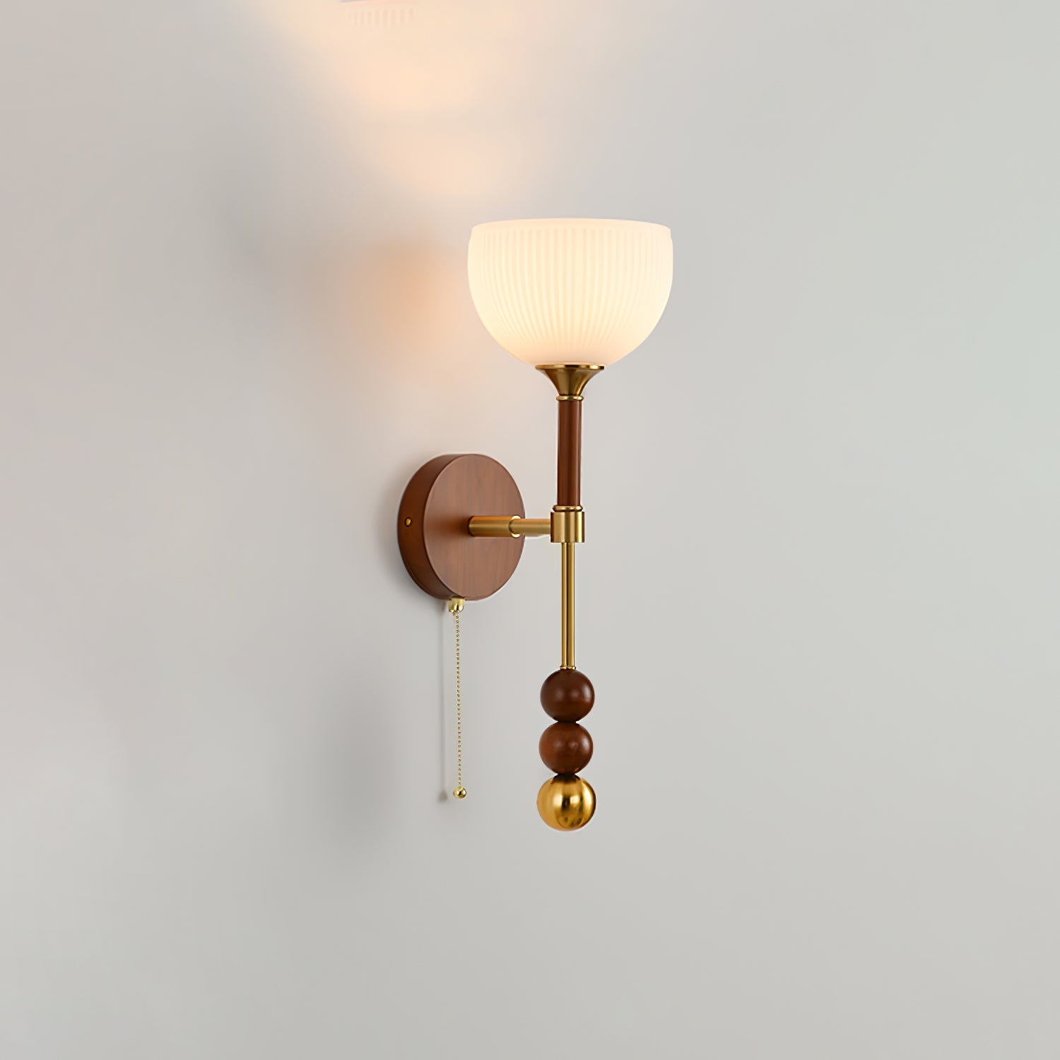 Vintage Roma Wood and Brass Wall Sconce with Glass Shade and Pull Chain Switch