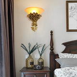 Vintage Rose Bouquet Wall Sconce with Glass Shade European Style Resin Flower Lamp for Bedroom