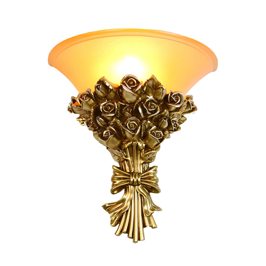 Vintage Rose Bouquet Wall Sconce with Glass Shade European Style Resin Flower Lamp for Bedroom