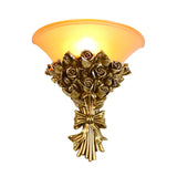Vintage Rose Bouquet Wall Sconce with Glass Shade European Style Resin Flower Lamp for Bedroom