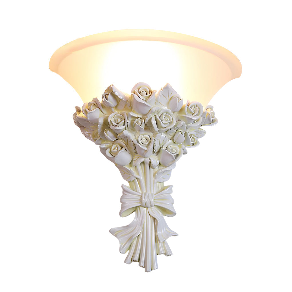 Vintage Rose Bouquet Wall Sconce with Glass Shade European Style Resin Flower Lamp for Bedroom
