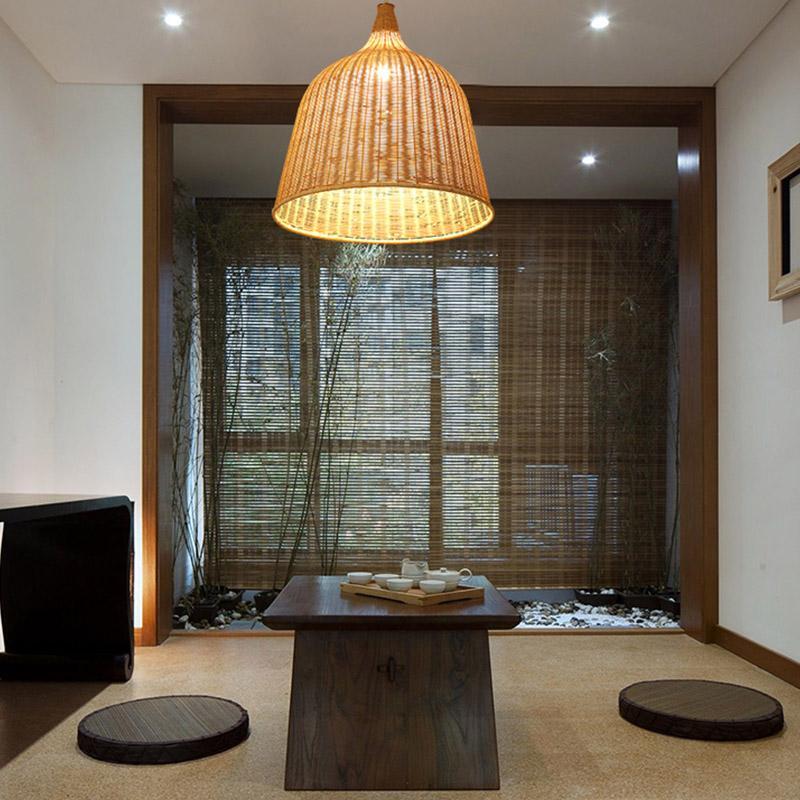 Vintage Rustic Bell Shaped Woven Rattan Pendant Light 25 Inch Integrated LED Hanging Fixture