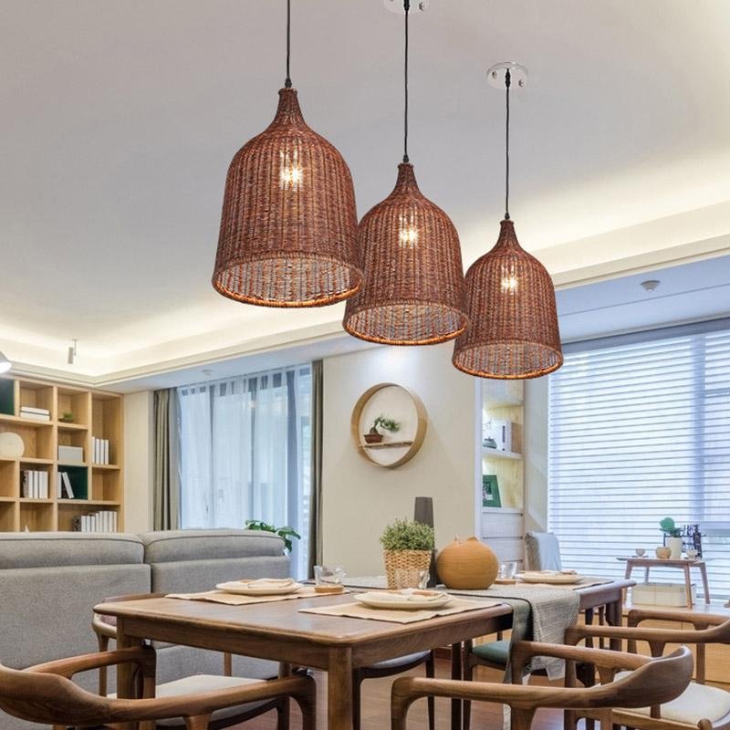 Vintage Rustic Bell Shaped Woven Rattan Pendant Light 25 Inch Integrated LED Hanging Fixture
