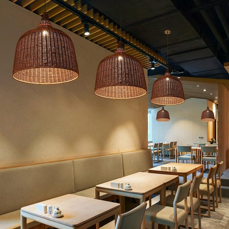 Vintage Rustic Bell Shaped Woven Rattan Pendant Light 25 Inch Integrated LED Hanging Fixture
