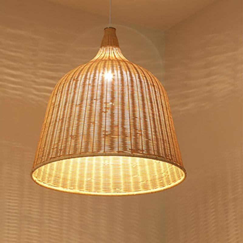 Vintage Rustic Bell Shaped Woven Rattan Pendant Light 25 Inch Integrated LED Hanging Fixture