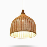 Vintage Rustic Bell Shaped Woven Rattan Pendant Light 25 Inch Integrated LED Hanging Fixture