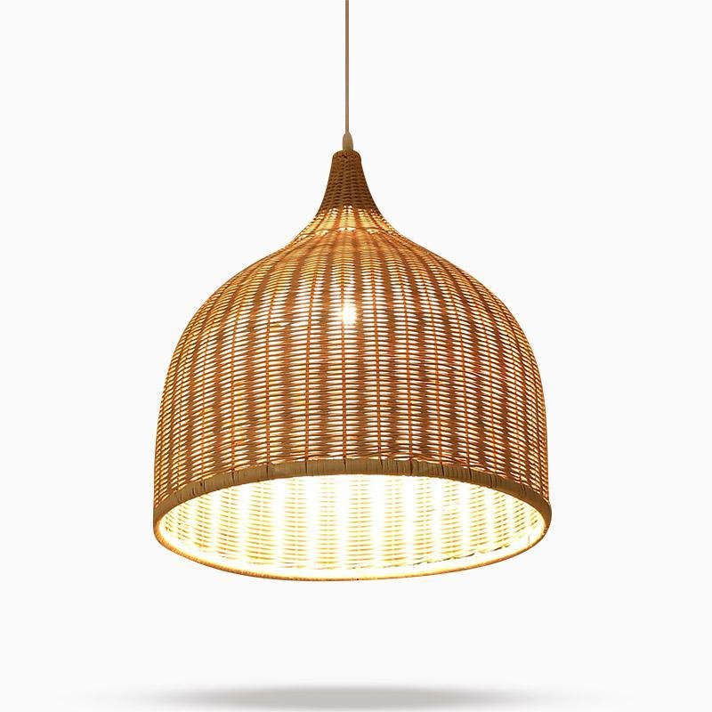 Vintage Rustic Bell Shaped Woven Rattan Pendant Light 25 Inch Integrated LED Hanging Fixture