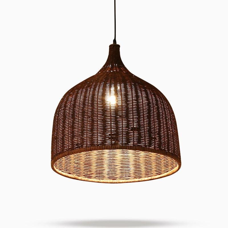 Vintage Rustic Bell Shaped Woven Rattan Pendant Light 25 Inch Integrated LED Hanging Fixture
