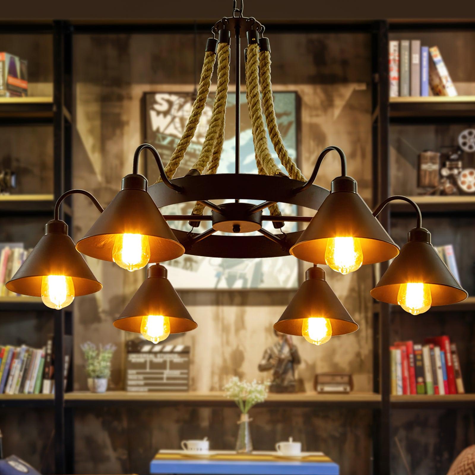 Vintage Rustic Iron Horn Chandelier with Natural Hemp Rope Industrial Ceiling Light