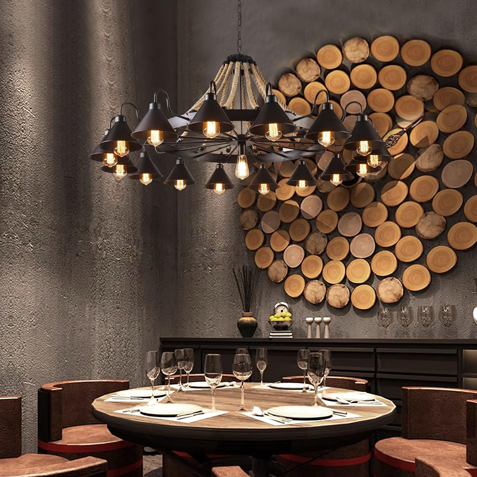 Vintage Rustic Iron Horn Chandelier with Natural Hemp Rope Industrial Ceiling Light