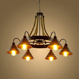 Vintage Rustic Iron Horn Chandelier with Natural Hemp Rope Industrial Ceiling Light