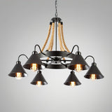 Vintage Rustic Iron Horn Chandelier with Natural Hemp Rope Industrial Ceiling Light