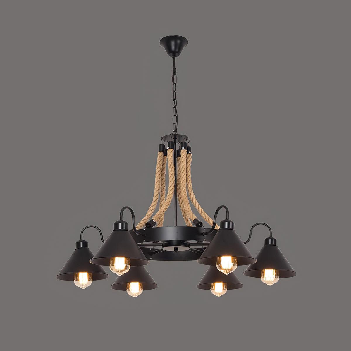 Vintage Rustic Iron Horn Chandelier with Natural Hemp Rope Industrial Ceiling Light